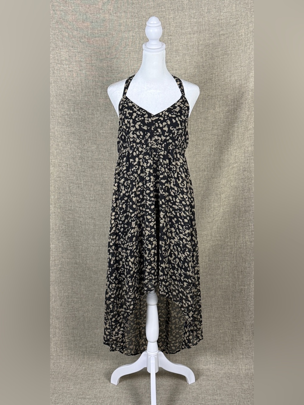 Decree Black and Beige High-Low Convertible Halter Dress